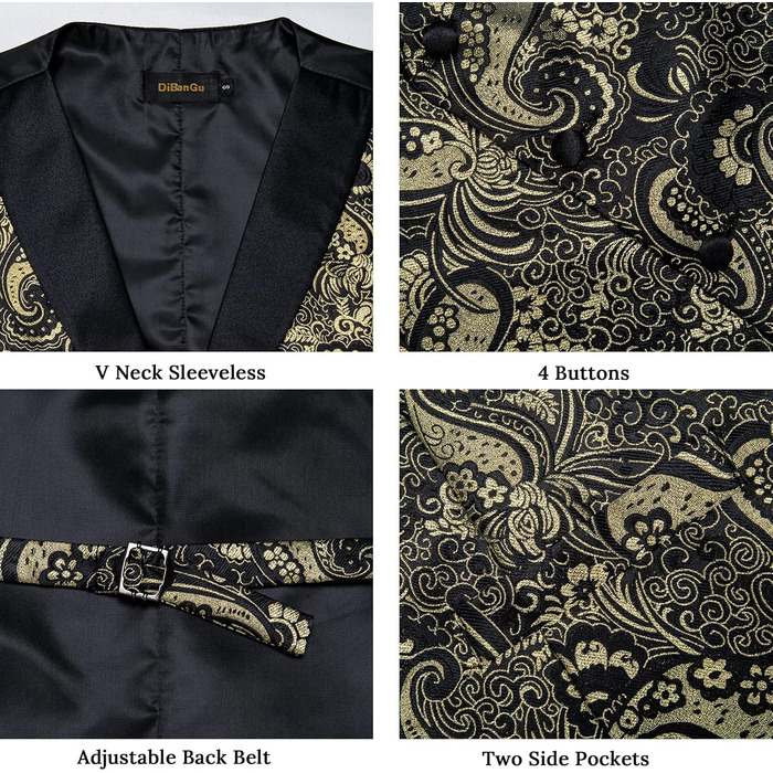 Костюмний жилет DiBanGu (5 шт.): жилет, краватка, нагрудна хустинка, запонки, кільце для краватки. Зелений/Чорний (L, Золото/Чорний)