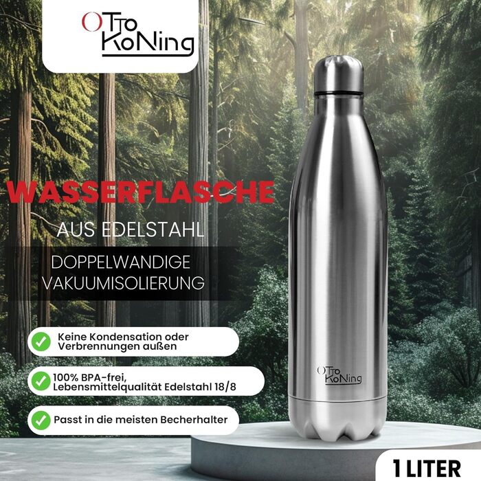 Термос-термопляшка з нержавіючої сталі Otto Koning, 1000 мл, подвійні стінки, вакуумна ізоляція, BPA-free, сріблястий