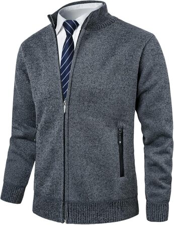 Чоловіча в'язана кофта з коміром-стійкою, на блискавці, з м'яким флісовим підкладкою, спортивна куртка-кардиган, дрібний в'яз, осінньо-зимова куртка (XXL, сірий)