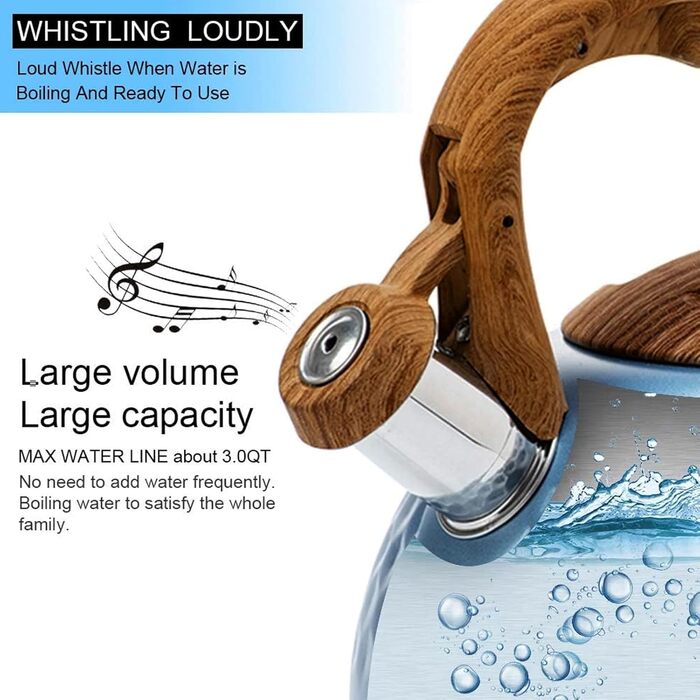 Чайник індукційний 3L з нержавіючої сталі з свистком, для плити, з дерев'яною ручкою, Off White