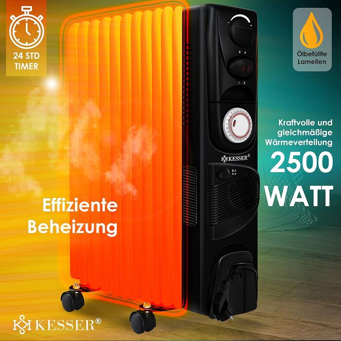 Електричний масляний радіатор KESSER® 2500W з вентилятором, 11 ребер, таймер, термостат, захист від перегріву, білий/чорний