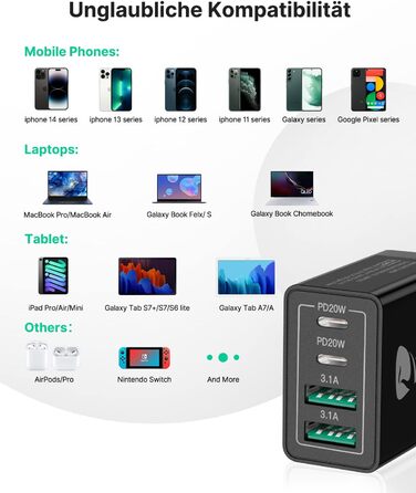 Зарядний пристрій Aioneus USB-C 40W, 4 порти PD 3.0 + QC USB-A, швидка зарядка для iPhone 15 Pro Max, Samsung та інших смартфонів - Чорний