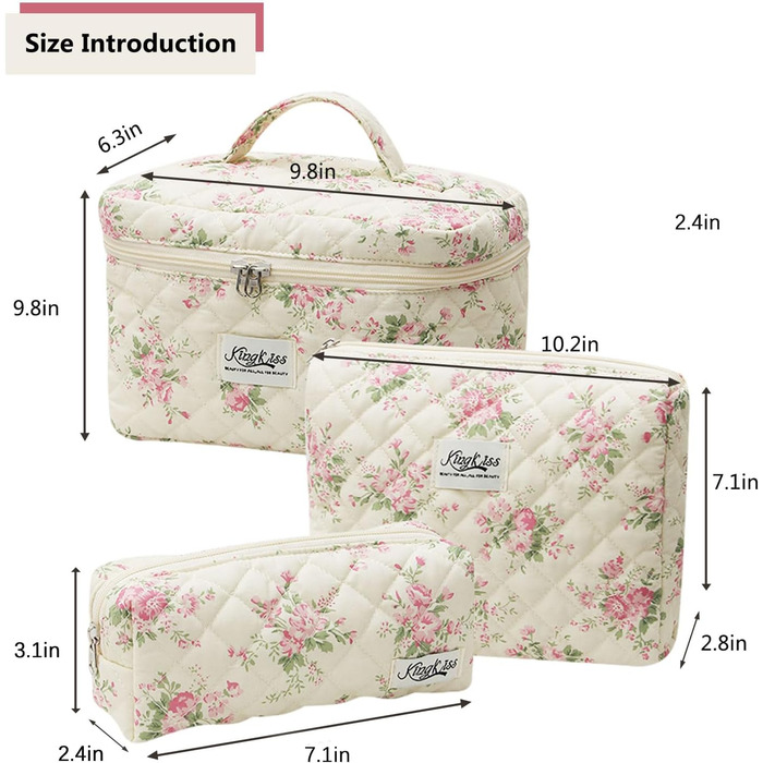 Косметичка для жінок, набір 3 шт. велика бавовняна косметичка для подорожей, органайзер для макіяжу, косметична сумочка з квітковим візерунком (рожева маленька квітка)