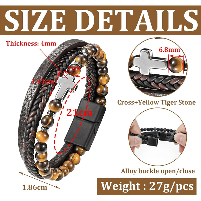 Чоловічий браслет з шкіри, розарій, хрест, чорний/коричневий. Аксесуар для чоловіків та хлопців