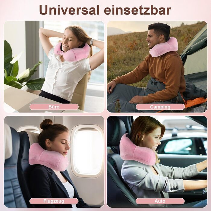 Подушка для шиї в літак та автомобіль з ефектом пам'яті (Memory Foam), набір для подорожей з маскою для сну, берушами та сумкою, рожева