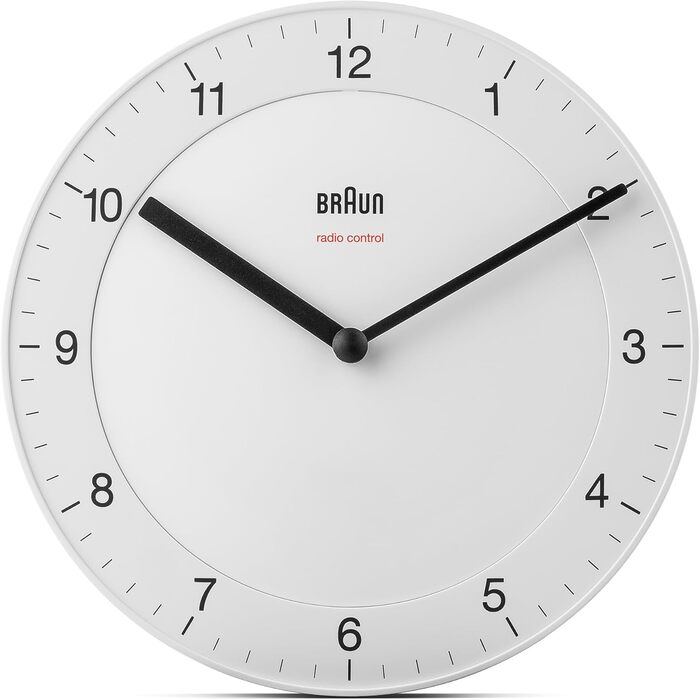 Braun Classic Radio Wall Clock, Central European Time Zone (CET/GMT+1) with a quiet movement, easy-to-read dial with a 20 cm diameter in white, model BC06W-DCF.