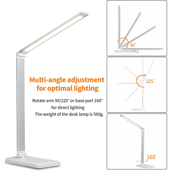 LED лампа для столу LQWELL® з регулюванням яскравості, метал, 5 кольорів, 10 рівнів, USB-зарядка, сенсорне керування, пам'ять, для дітей, офісу, білого кольору (QM019)