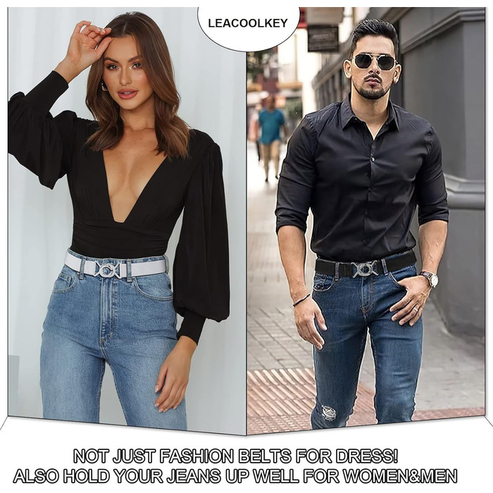 Еластичний ремінь LeaCoolKey для жінок та чоловіків, тонкий, стрейч, для джинсів та суконь, чорний, коричневий, білий, блакитний (80 см), розмір талії 76-90 см