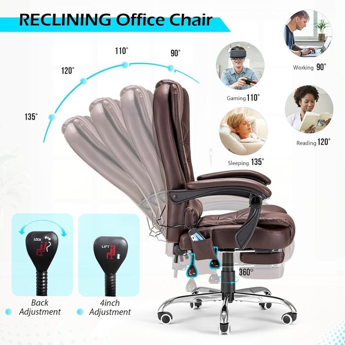 Крісло офісне YODOLLA, 200 кг, ергономічне, з регулюванням нахилу, комп'ютерне, з підніжкою, шкіряне (колір: коричневий)