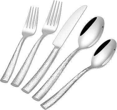 HONKKU 30-Piece Flatware Set, 6 People, Thickened Stainless Steel Cutlery Set with Hammered Handle, Eating Cutlery Set with Knife, Fork, Spoon, Mirror Polished, Dishwasher Safe