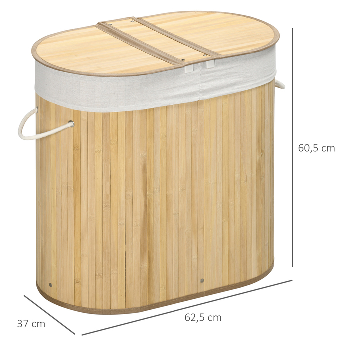 HOMCOM Laundry Basket with Lid, 2 Sections Removable Laundry Sorter Made of Bamboo, Natural for Laundry Organization and Storage