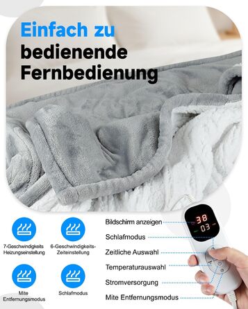 Електрична гріюча ковдра 180x130 см, плюшева ковдра з автовимкненням, 6 таймерів, 6 режимів нагріву, Sleep-Mode, гріюче підлое для дивана та ліжка, сірого кольору, можна прати, швидкий нагрів