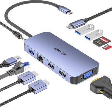 Док-станція BENFEI USB-C MST Hub - 11 в 1: 2HDMI 4K, VGA, 3 x USB 3.0, SD/TF, Ethernet, PD 100W, 3.5mm Aux для MacBook, XPS, Surface (Сірий)