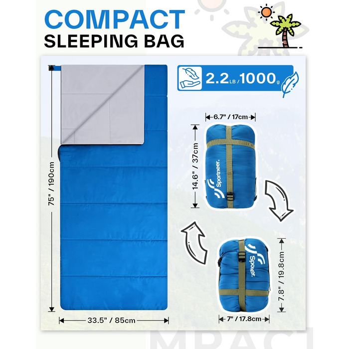 Sportneer Summer Sleeping Bag - Lightweight, Waterproof Camping Sleeping Bag for Hiking, Backpacking & Travel (Blue)