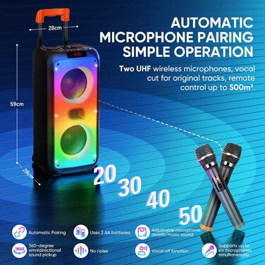 Караоке система Hukkmela з 2 мікрофонами, Bluetooth 5.3, USB, TF, Aux, LED підсвічування - чорний