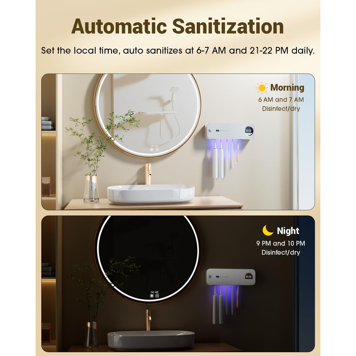 Стерилізатор зубних щіток UV-C та UV-A, настінний тримач з функцією повітряної сушки, для дому та подорожей (білий)