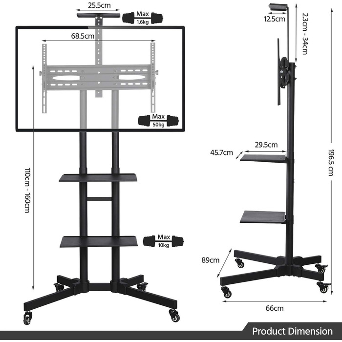 Yaheetech Rolling TV Stand with Brakes - Adjustable Height, 3 Shelves, VESA 100x100 to 600x400 - Fits 32-75 inch TVs