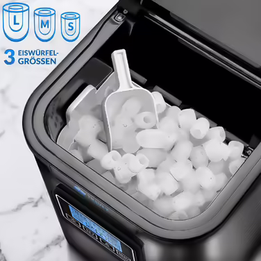tillvex Ice Maker Stainless Steel 12 kg - 24 h | Ice Cube Maker with Timer and 2.2 Liter Water Tank | Ice-Maker LCD Display & Self-Cleaning Function | 3 Ice Cube Sizes (Black)