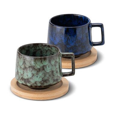 Набір чашок для еспресо 190 мл з дерев'яними підставками, 4 шт. (Бежевий+Циан+Темно-синій+Темно-зелений)