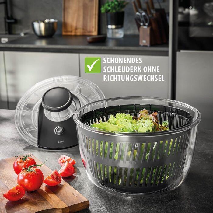 GEFU Салатниця-шпинька 5л з механізмом Push, вбудований виливний отвір та кнопка стоп, неслизька поверхня, придатна для миття в посудомийній машині, прозора