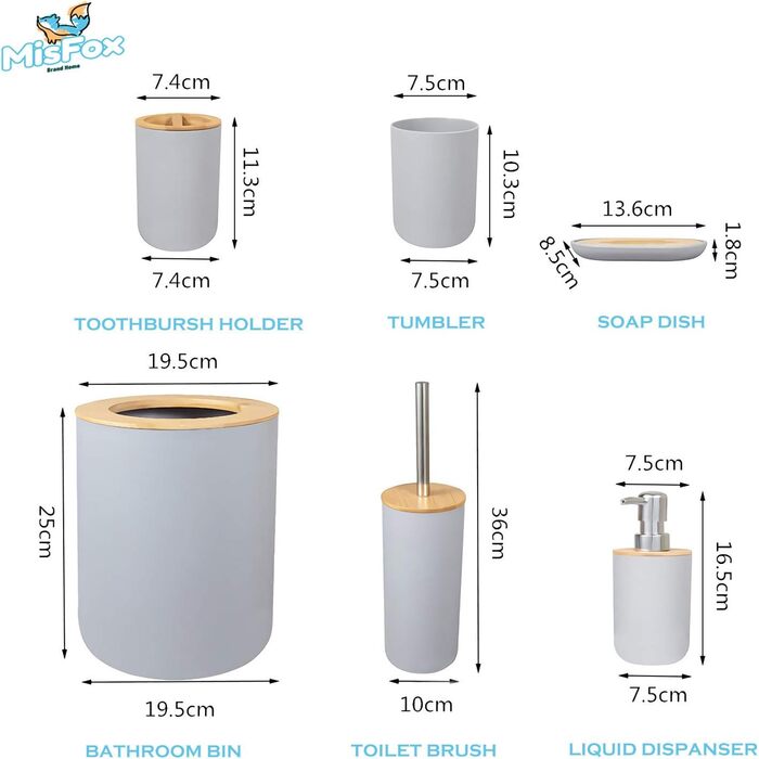 Набір для ванної кімнати MisFox з бамбука (6 шт): диспенсер для лосьйону, сміттєвий бак, тримач для зубних щіток, стаканчик, щітка для унітазу, мильниця (сірий)