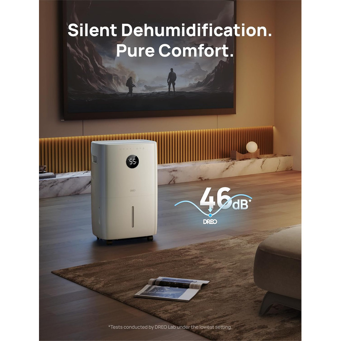 Dreo Розумний осушувач повітря / 24 год, для приміщень 37 м² – енергоефективний та тихий – керування через додаток & Alexa – 3 режими, таймер, регульована вологість, з відводом води, для спальні та ванної кімнати, білий (52L)