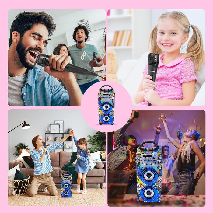 Караоке DYNASONIC з 2 мікрофонами, портативна караоке-машина, Bluetooth-динамік, USB та SD-картрідер, світлові ефекти, подарунок для дітей 5-13 років (Model 16 lights)