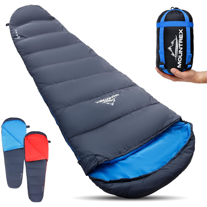 Сплячий мішок MOUNTREX® - компактний та ультралегкий (760г/1500г) - Outdoor (100GSM) / 3-4 сезони (300GSM) - Мумієвидний спальний мішок - для кемпінгу, подорожей, фестивалів - теплий та з'єднувальний (Темно-синій/Синій), літній спальний мішок