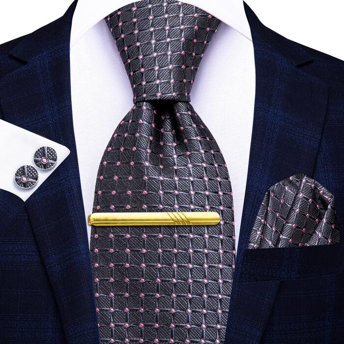 Чоловіча краватка Hi-Tie шовкова, сіро-рожева картата, формальна, з кишеньковою хустинкою та затискачем для краватки, набір для весілля та бізнесу