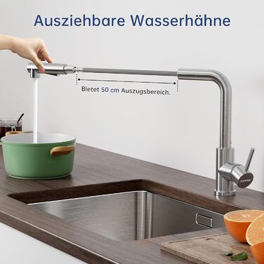 Кухонний змішувач DAYONE з висувною лійкою, нержавіюча сталь, 3 режими, 360° обертання, для кухонних мийок (15 см), матовий.