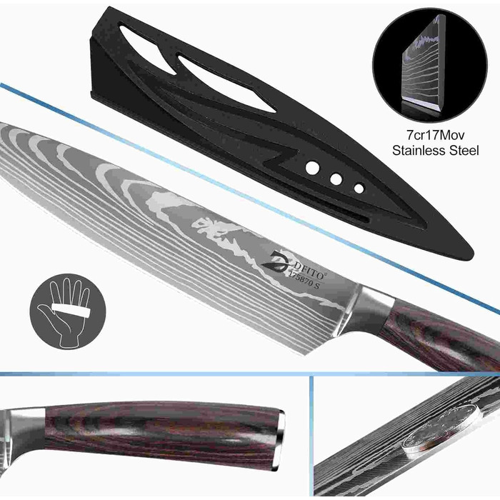 Набір кухонних ножів Dfito, 8 предметів, професійний, з роллю, з високоякісної нержавіючої сталі, для шеф-кухаря, гострі, з червоною ручкою