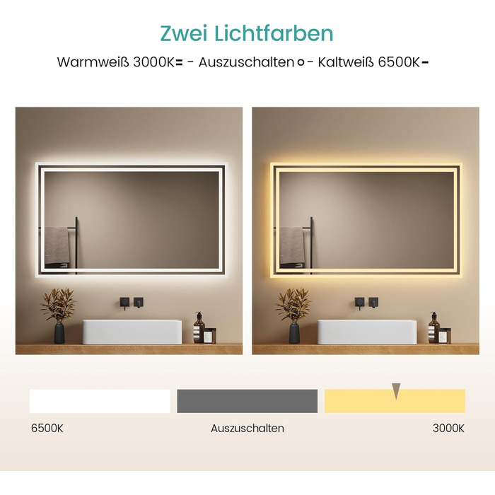 Дзеркало для ванної кімнати EMKE з підсвічуванням 40x60 см LED, антизапар, холодний/теплий білий світ, з кнопкою, алюмінієва рама, IP44, енергозберігаюче