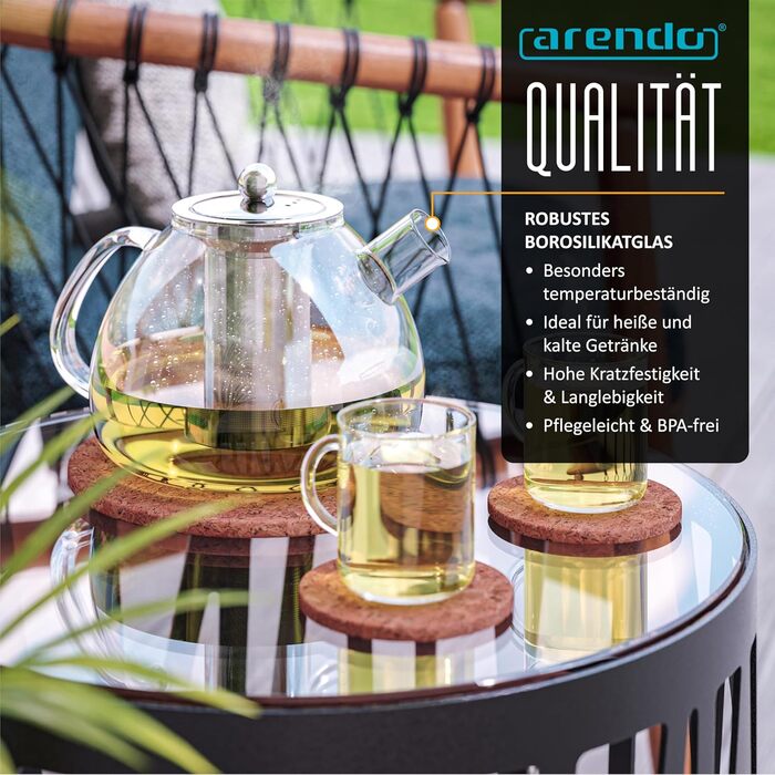 Скляний чайник Arendo з ситечком із нержавіючої сталі, 1500 мл, термостійке боросилікатне скло для листового, трав'яного та фруктового чаю