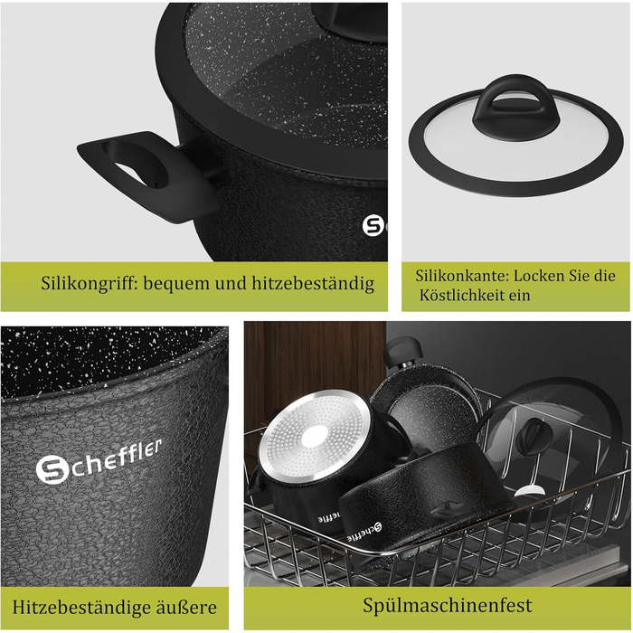 Набір каструль Scheffler 15 предметів з антипригарним покриттям для індукційних плит, чорний (HL-21PS102)