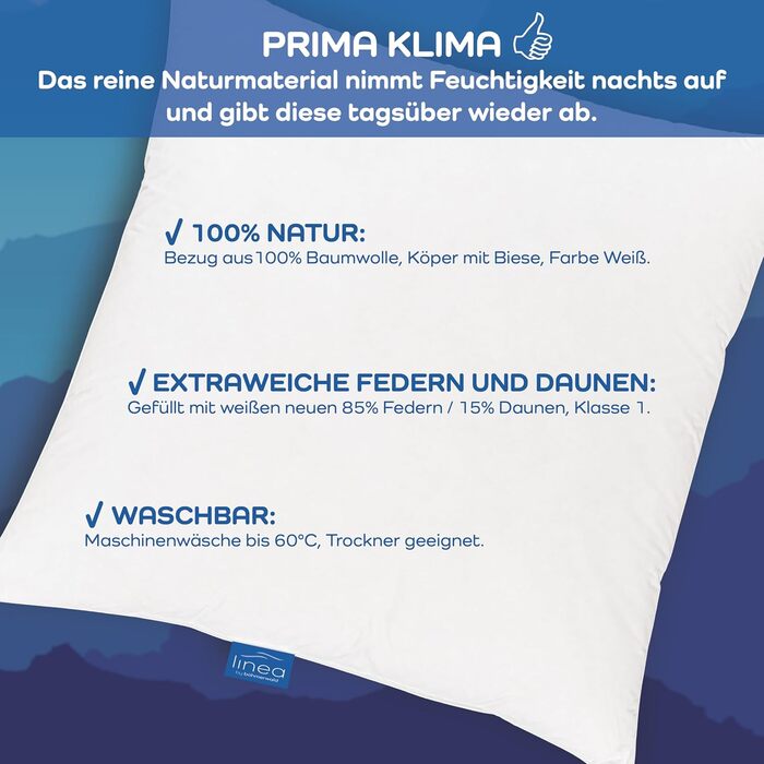 Подушка LINEA by böhmerwald, 40x80 см, 85% пухові пера, 15% новий пух, гіпоалергенна, для алергіків, вироблено в Німеччині, преміум якість, придатна для прання до 60°C