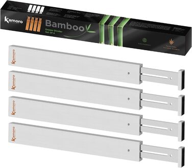 Kamoro Drawer Dividers made of natural bamboo [Set of 4] - With feather for secure hold and furniture-friendly ends - Adjustable drawer organizer between 44 and 56 cm - (Large, White)