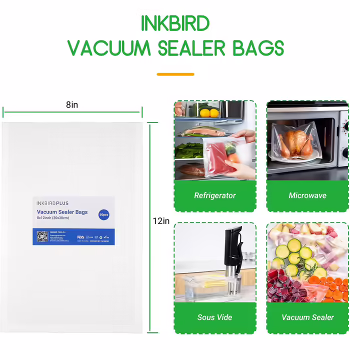 Vacuum Bags for Food 20CM x 30CM, 50 Bags, for Vacuum Sealers & Heat Sealers, BPA-Free, Strong & Tear-Resistant, Suitable for Sous Vide