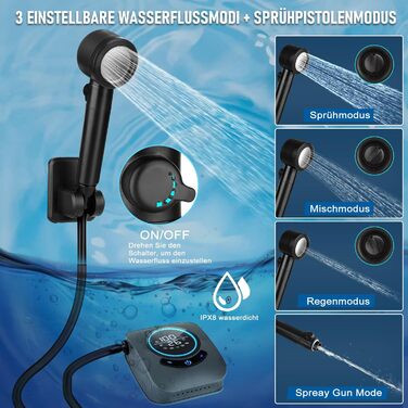 Портативна душ для кемпінгу з насосом та індикатором температури, 8000mAh, сірий. Комплект для відпочинку на природі, автомийки, пляжу, подорожей та догляду за тваринами.