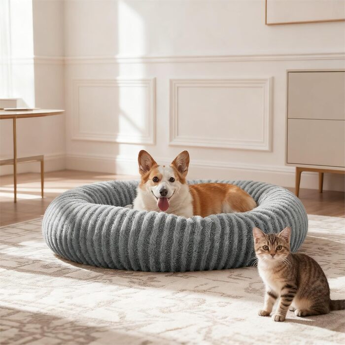 Кругле ліжко для собак середніх порід та котів, сіре. Зручне, миється, знімний кошик, наповнювач гранулят та Memory Foam, 76x76x20 см