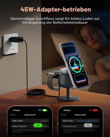Бездротова зарядна станція 3-в-1 GEEKERA Qi2.2 25W для Apple: MagSafe зарядний пристрій для iPhone 17/16/12, Apple Watch та AirPods, адаптер GaN 45W, Phantom Grey