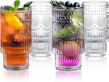 Joeyan 340ml Vintage Water Glasses Stackable - Set of 4 French Drinking Glasses for Drinks, Cocktails, Tea - Creative Water Cup for Restaurant, Party, Bar, Event, Home