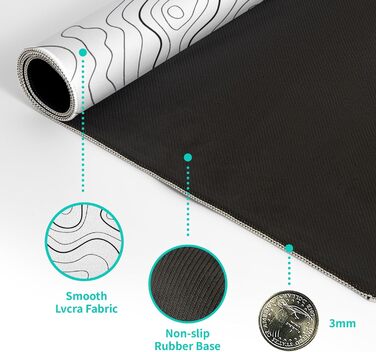 Мат для миші Japanische e Meereswelle, абстрактний дизайн, 80x20 см, хвиля, нековзна гумова основа, великий килимок для миші, для офісу та дому (біла топографічна лінія)