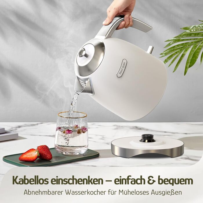 Електричний чайник Hazel Quinn Schneller 2200 Вт, 1.7л, нержавіюча сталь 304, перловий білий, з функцією швидкого кип'ятіння, автоматичним вимкненням та захистом від сухого кип'ятіння, вінтажний дизайн, BPA-free