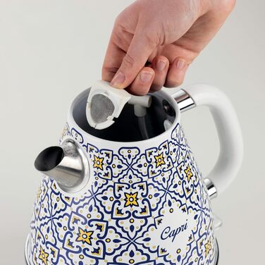 Ariete Vintage Electric Kettle 2869 - 1.7L Stainless Steel Retro Kettle with Water Level Indicator, Cordless 360° Base, Auto Shut-Off, Tea Infuser, Blue & White