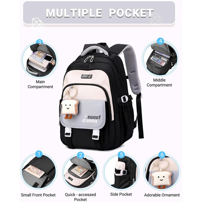 Шкільний рюкзак для дівчаток 2-10 класів, 32L, легкий дитячий рюкзак | Дихаюча спинка | М'які лямки | Брест-стріжка, ранці для школи, рюкзак для підлітків 8+ років (Чорний)