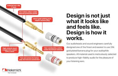 Акустичний кабель Nakamichi 14AWG з позолоченими банановими роз'ємами 24K, 3м, безкиснева мідь (OFC) в обплетенні, чорний