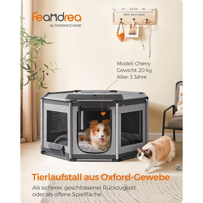 Клітка для цуценят Feandrea Oxford, восьмикутна, велика, 112 x 112 x 76 см, з PVC-каркасом, дихаюча сітка, з кишенею, сіро-сіра, PDC006G01