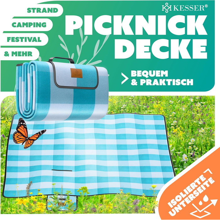 KESSER® Picnic Blanket Camping Blanket XXL 200 x 200 cm - Warm Insulated with Waterproof Bottom, Carrying Handle, Foldable Beach Blanket, Picnic Blankets for 4-6 People, Washable Picnic Blanket (Blue / Turquoise)