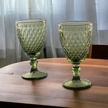 Vintage Set of 6 Colored Glasses and Tumblers with Diamond Pattern (Netz Green Wine Glass), Long Drink Glasses, Cocktail Glasses with Embossing, Glass, Tumbler, Wine Glass, Water Glass, Goblets