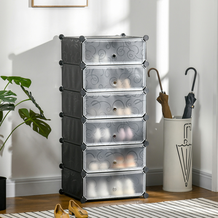 HOMCOM Shoe Rack Storage Box DIY Stackable Shelf for 6 Pairs of Shoes, Plastic/Steel, Black+White, 49x36.5x108cm | Aosom